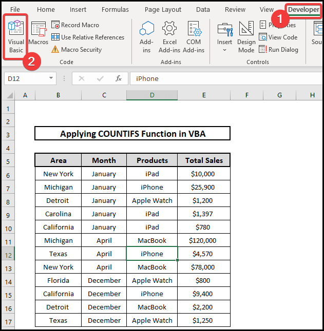 Using COUNTIFS VBA to count One Column If Another Column Meets the Criteria in Excel