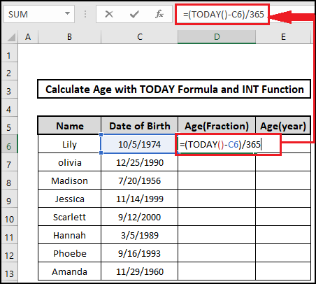 today function age on a specific date formula