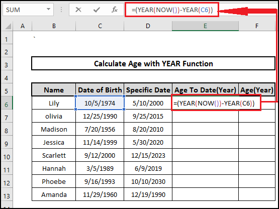 year now age on a specific date formula