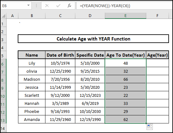 year now result age on a specific date formula