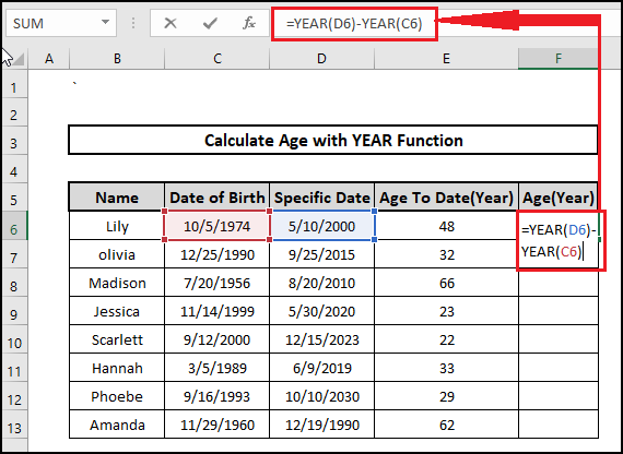 year age on a specific date formula