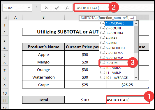 How to copy a formula in excel with changing cell references using SUBTOTAL and SUM