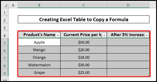 copy a formula in excel with changing cell references by creating a table