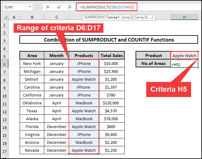 Using SUMPRODUCT to count One Column If Another Column Meets the Criteria in Excel
