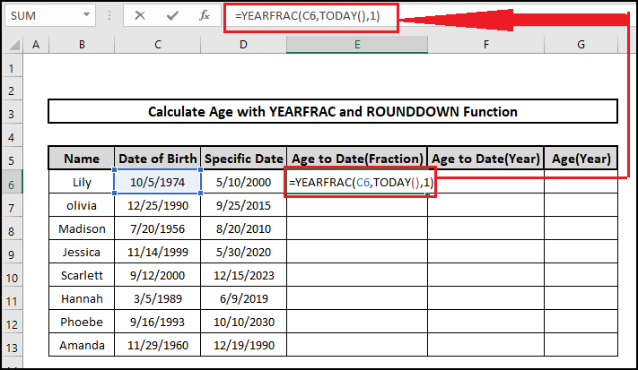 yearfrac today age on a specific date formula