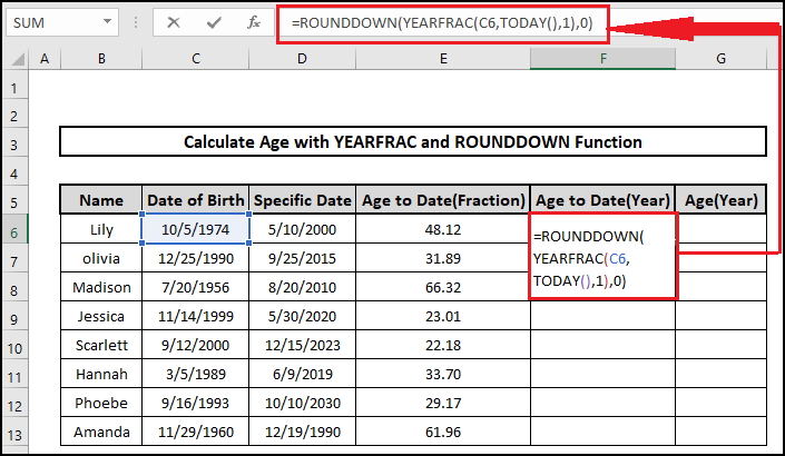 rounddown yearfrac today age on a specific date formula