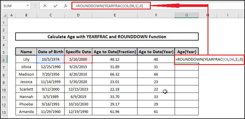 rounddown yearfrac date age on a specific date formula