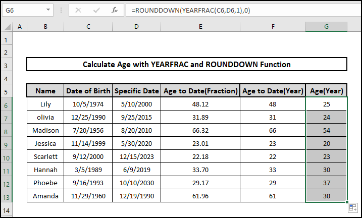 rounddown yearfrac date result age on a specific date formula