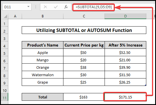 copy a formula in excel with changing cell references using sum and subtotal