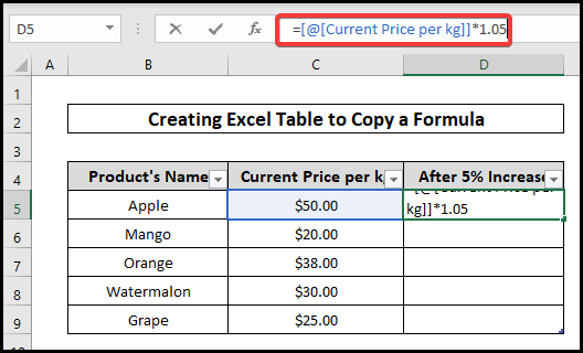copy a formula in excel with changing cell references by creating a table