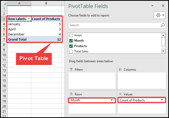 Creating Pivot Table to count One Column If Another Column Meets the Criteria in Excel