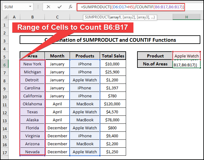 Using SUMPRODUCT to count One Column If Another Column Meets the Criteria in Excel