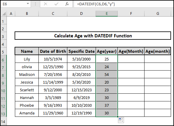 Datedif year result age on a specific date formula