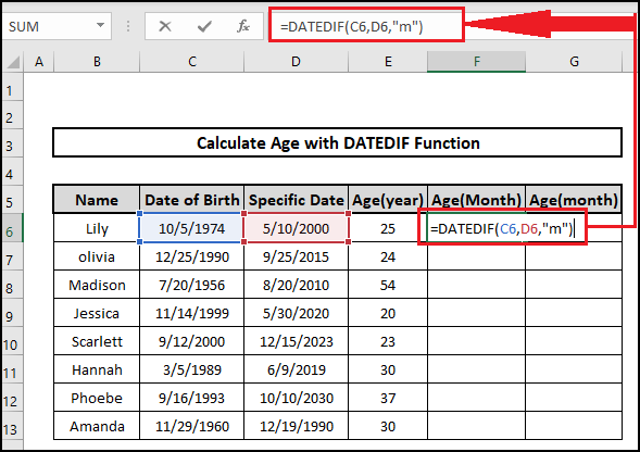 Datedif month age on a specific date formula