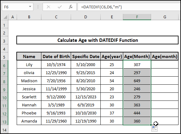 Datedif month result age on a specific date formula