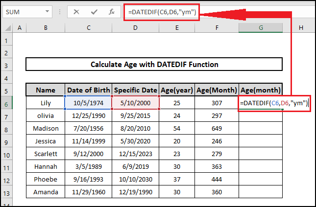 Datedif r month age on a specific date formula