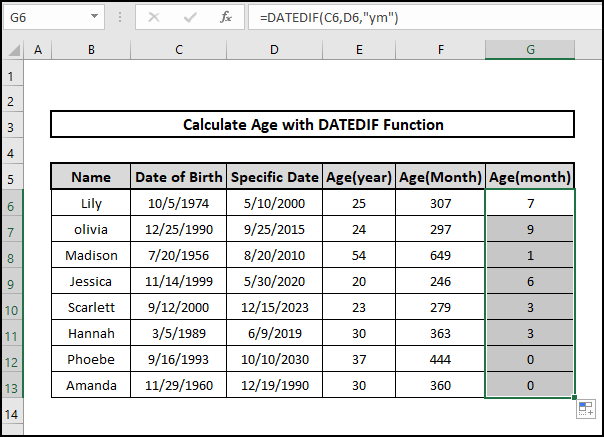 Datedif r month result age on a specific date formula