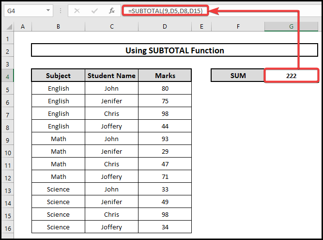 By using SUBTOTAL function to sum random cells in excel