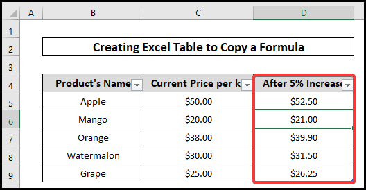 Using table copy a formula in excel with changing cell reference