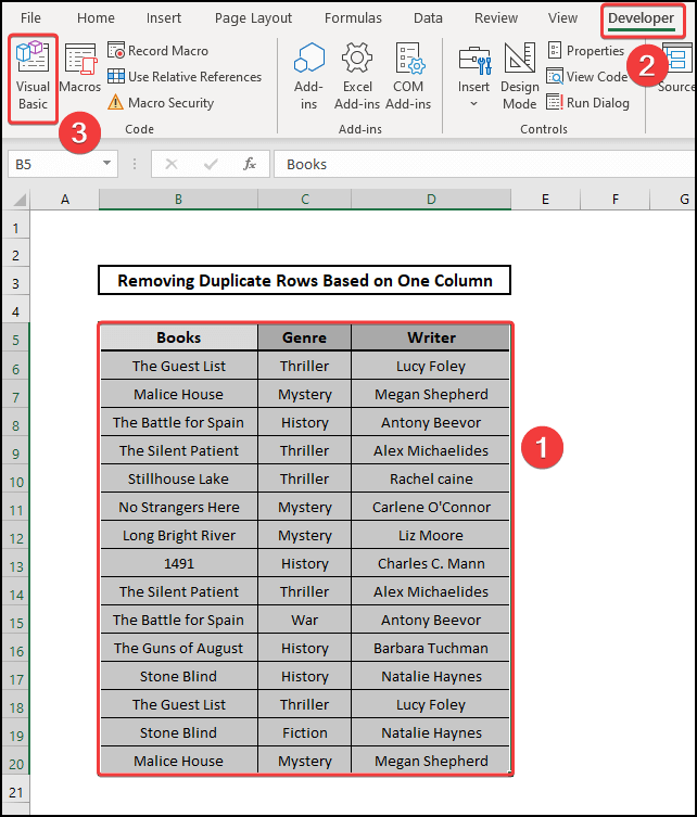 accessing visual basic remove duplicate rows one column