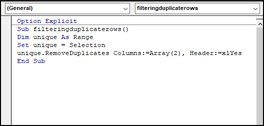 vba code remove duplicate rows one column