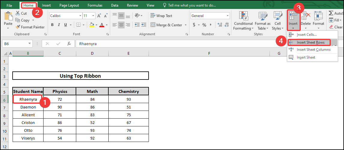 Insert Sheet Row Within a Cell in Excel selecting cell