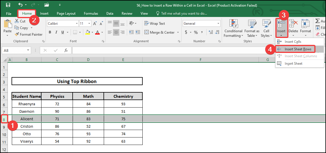Insert a row within a cell in Excel selecting a row