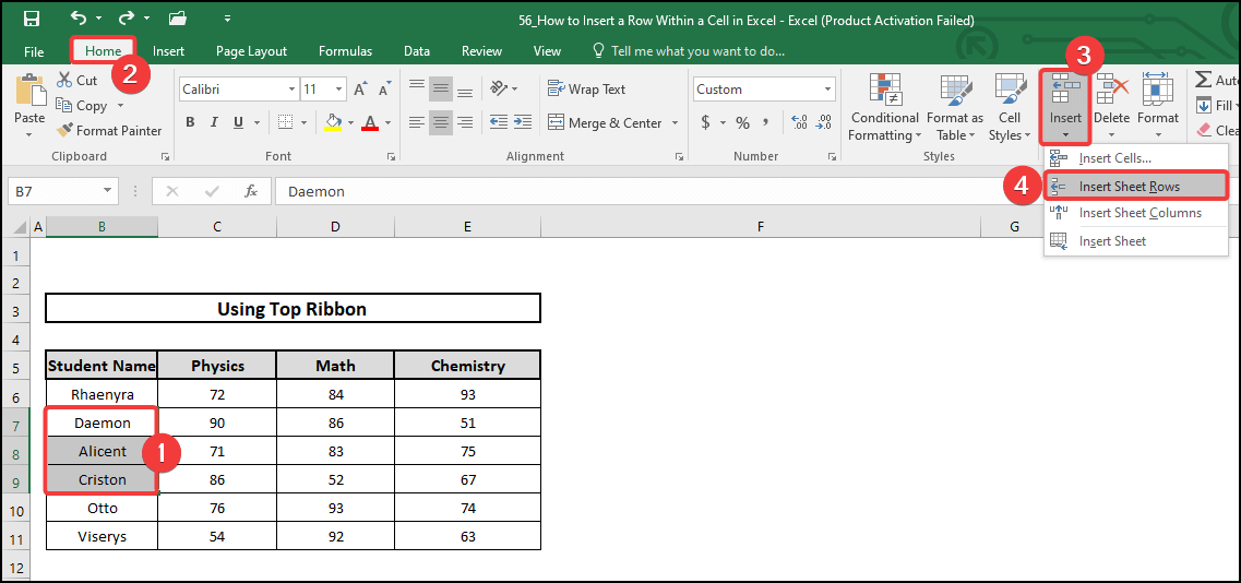 Insert a row within a cell in excel clicking multiple cells
