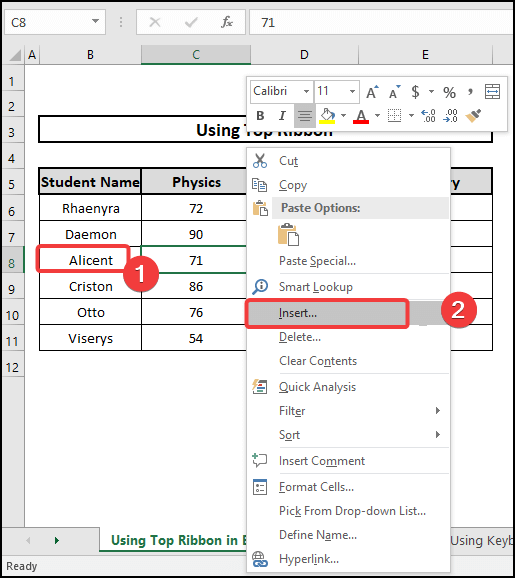 Insert a row within a cell in excel clicking a cell