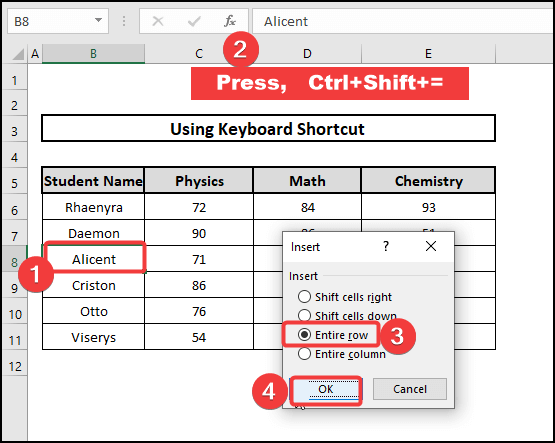 Insert a row within a cell in excel clicking a cell