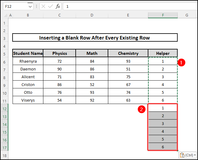 Insert a row within a cell in excel with helper column