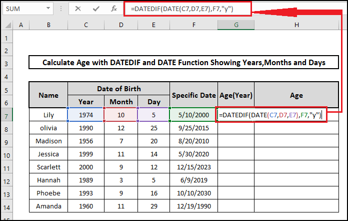 datedif date age on a specific date formula