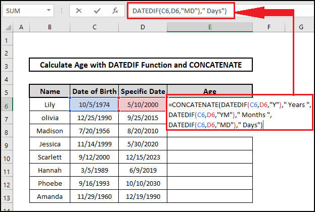 concatenate datedif age on a specific date