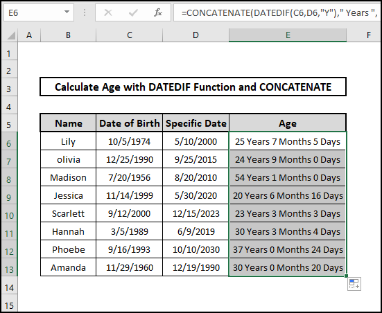 concatenate datedif result age on a specific date