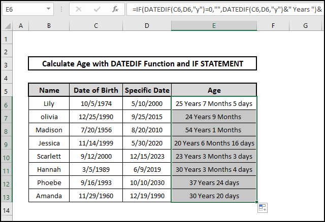 if datedif result age on a specific date