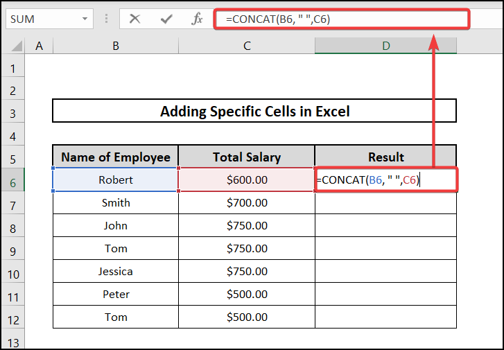 Add Cells Containing Text Using CONCAT function