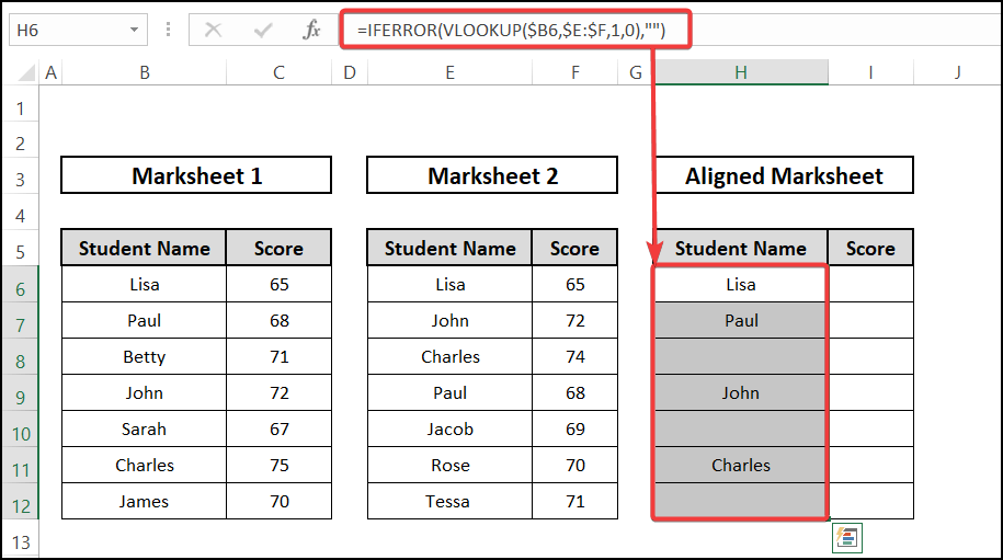 VLOOKUP function - align two sets of data in excel