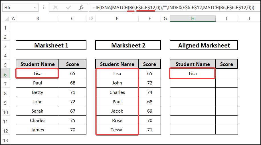 IF function - align two sets of data in excel