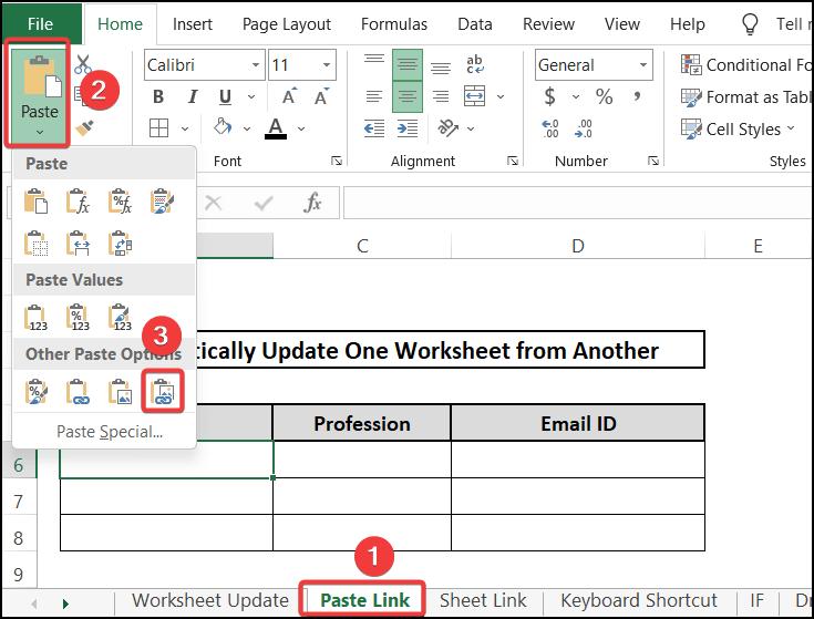 Paste link - automatically update one Excel worksheet from another sheet