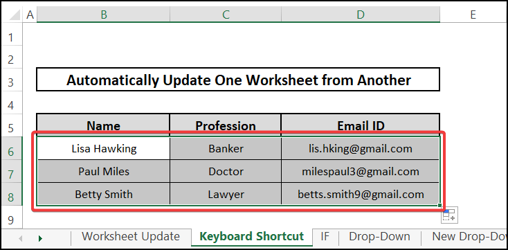 Keyboard - automatically update one Excel worksheet from another sheet