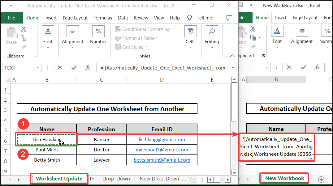 Workbook link - automatically update one Excel worksheet from another sheet