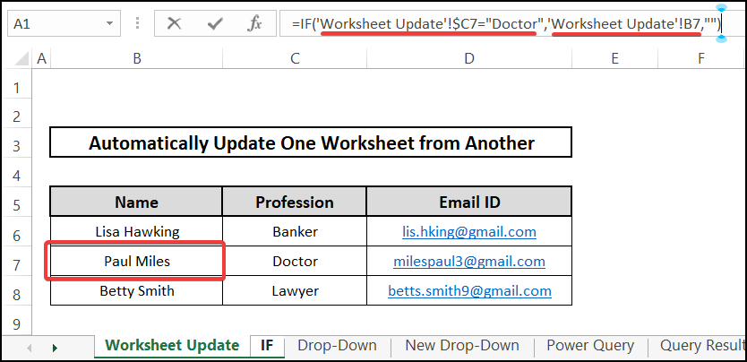 If - automatically update one Excel worksheet from another sheet