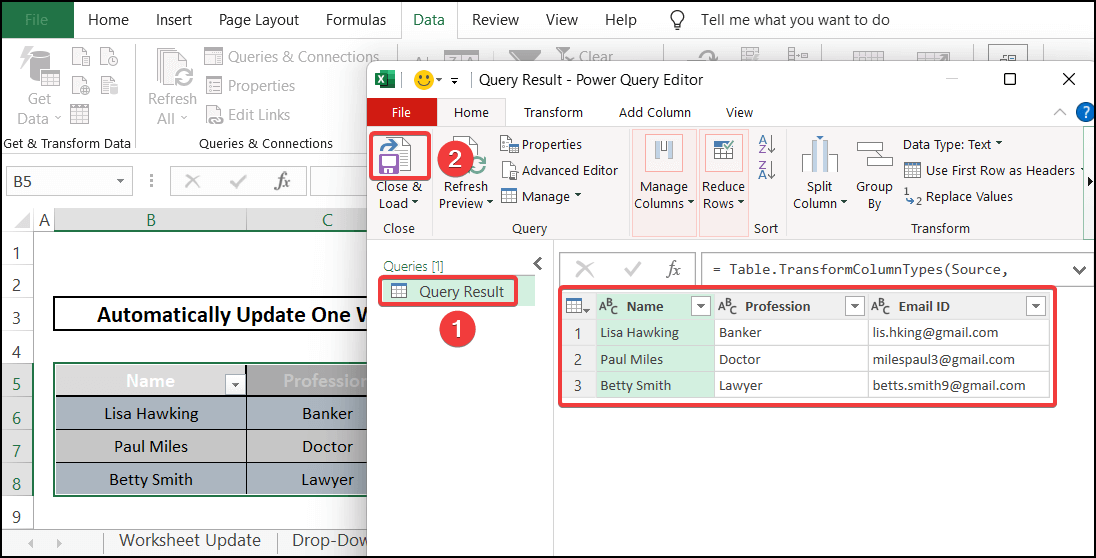 Power query - automatically update one Excel worksheet from another sheet