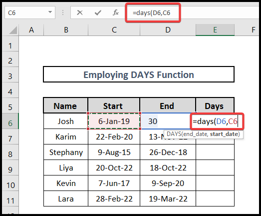 days function for excel formula to count days from date