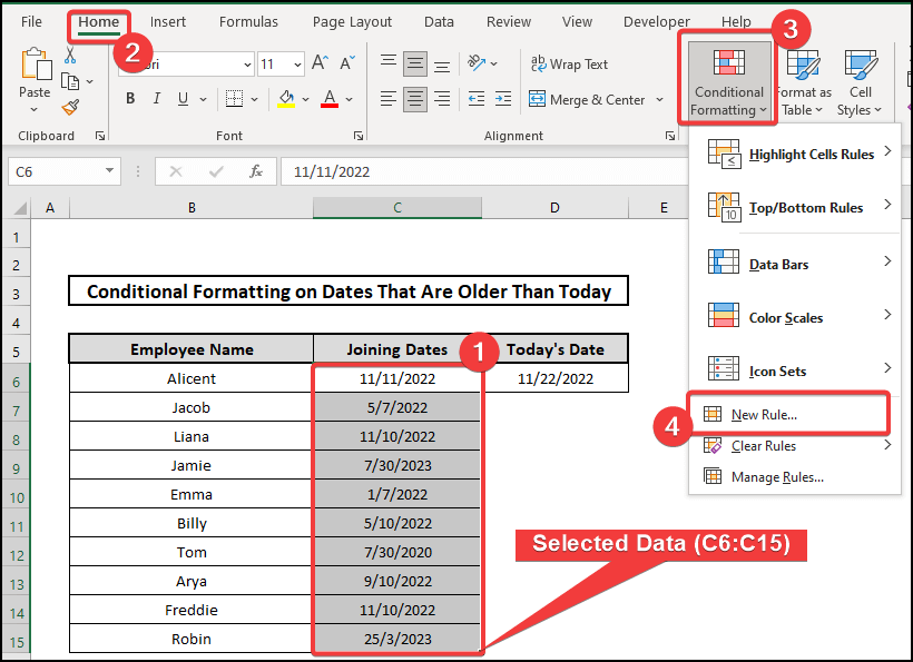. Apply Conditional Formatting Utilizing Range for Conditional Formatting Dates Older Than Today in Excel 