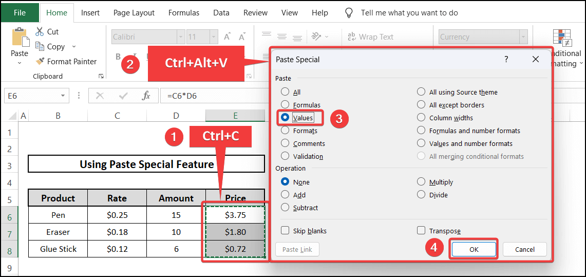 Paste special - convert formula to value multiple cells
