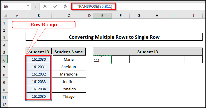 Using TRANSPOSE Function Convert Multiple Rows to a Single Row in Excel