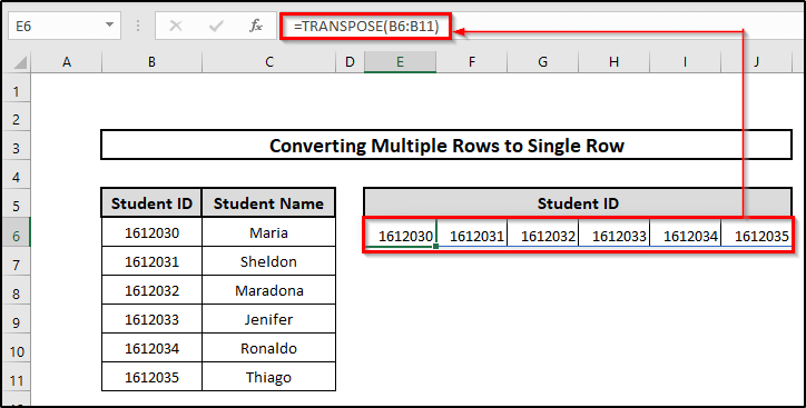 Using TRANSPOSE Function Convert Multiple Rows to a Single Row in Excel
