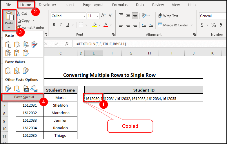 Utilizing TEXTJOIN Function Convert Multiple Rows to a Single Row in Excel
