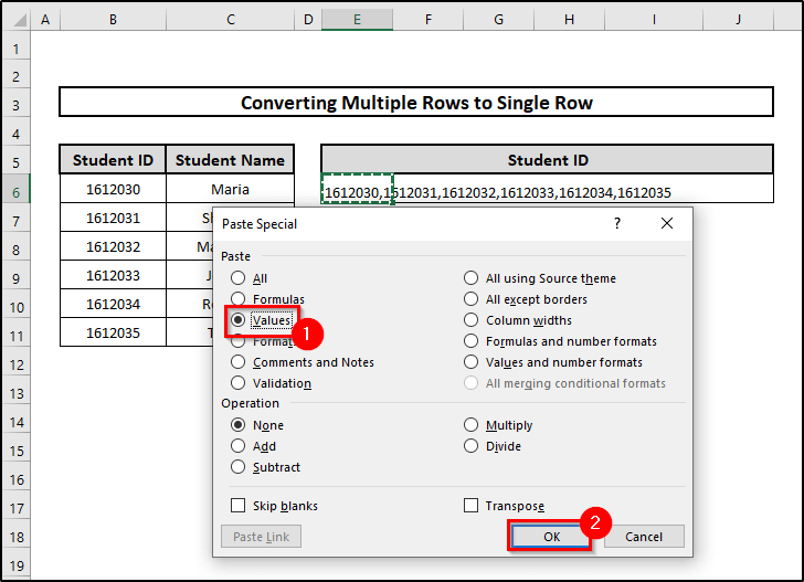 Convert Multiple Rows to a Single Row in Excel Using CONCATENATE Function